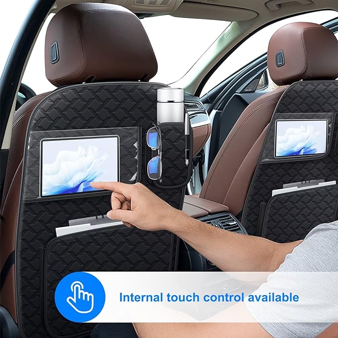 Back Seat Protector 2 Pack Fit For Kia K4 Car Kick Mats with Touch Screen Tablet Holder Storage Organizer Waterproof Dirt Proof Faux Leather Auto Accessories for Kids (1 Pair Black)