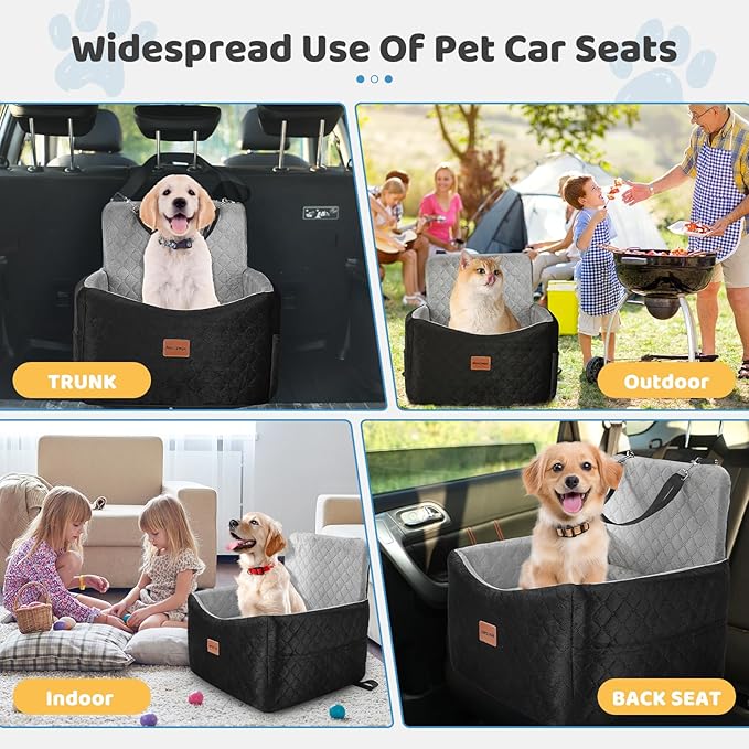 Dog Car Seat for Small Medium Dogs Up to 40 lbs – Dog Booster Seat with 6-Inch Memory Foam, Pet Car Seat with Removable Washable Cover, 3 Safety Belts & 2 Storage Bags (Black/Gray)