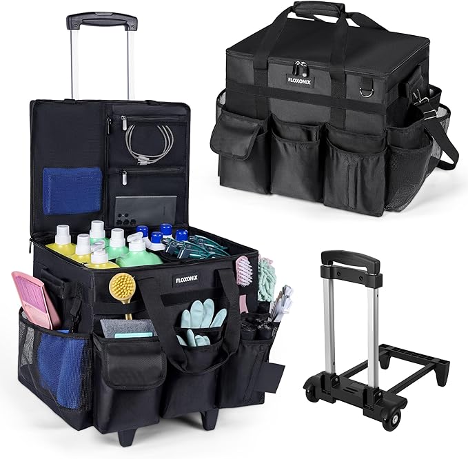 Large Rolling Cleaning Caddy Bag with Wheels, with Detachable Trolley, Cleaning Bags on Wheels for Housekeepers, Cleaning Cart Supplies Organizer for Home, Car, Picnic (Black)