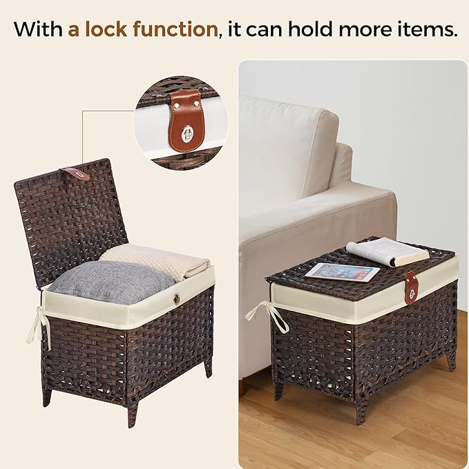 Honjourai Wicker Storage Basket with Lid,Rattan Shelf Basket with Removable Liner Bag,65L Storage Bin,Storage Trunk with Heightened Feet,Storage Container for Wardrobe,Home Organizer