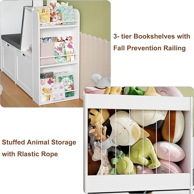 66.9" Kids Reading Nook, Toy Storage Organizer with Stuffed Animal Storage, Bench and Removable Cushions, Wooden Toddler Bookshelf with 3 Movable Drawers for Nursery, Playroom (White)
