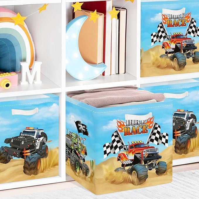 Clastyle Cars Kid Storage Cube Organizer Set Closet Clothes Cube Storage Bin Nursery Toddler Toy Box Chest Girl Boy Book Shelf Basket,Monster Truck,11.8x11.8x11.8 in