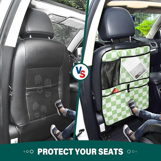 Checkered Light Green 2 Pack Backseat Car Organizer with Storage Pockets Seat Back Organizers for Kids Kick Mats Backseat Protector Automotive