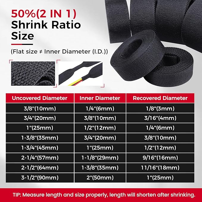 2 in 1 Ratio Heat Shrink Fabric Braided Sleeving, 1" - 24 feet Soft, Flexible and Sealing Black Shrinkable Braiding Sleeve