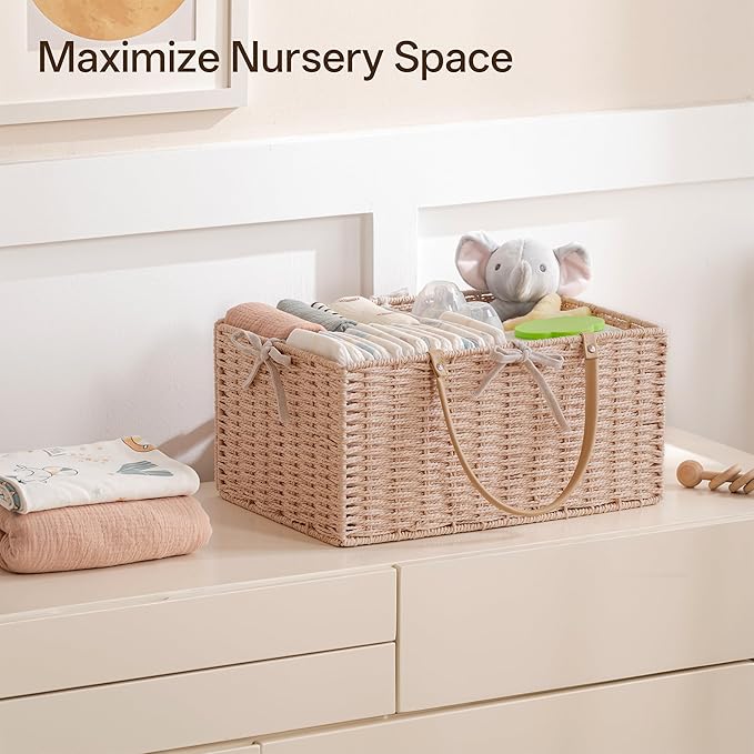 Angelhood Large Paper Rope Diaper Caddy, Baby Essentials Organizer, Portable Baby Shower Baskets Gift Bin, Car Storage Bag for Nursery