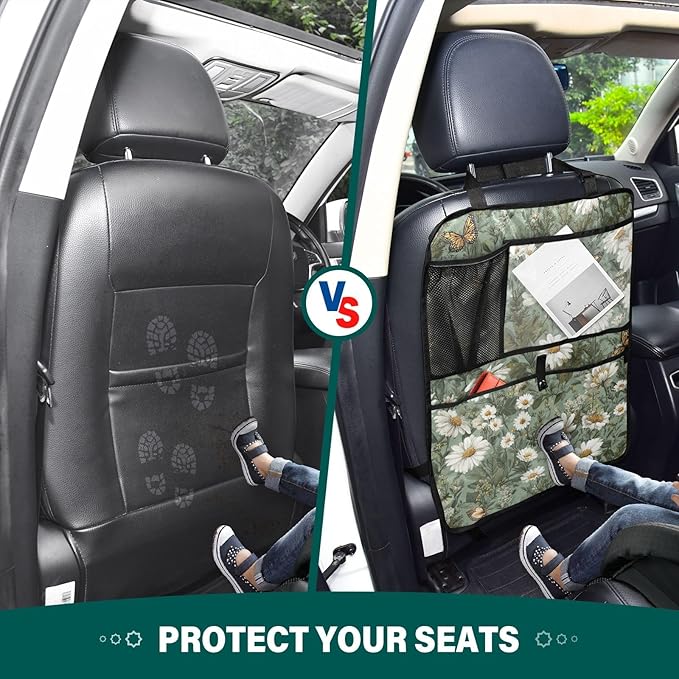 1 Pack Back Seat Car Organizer with Storage Pockets Kick Mats Back Seat Protector Hanging Car Organizer Automotive Seat Back Cover Organizers Summer Daisy Butterfly Green