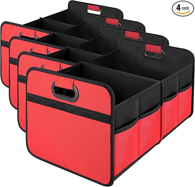 Simple Deluxe Car Trunk Organizer, 2 Compartments Collapsible Trunk Storage, Anti-slip Design, Made of Waterproof 600D Oxford Polyester, Suitable for SUV, Minivan, Truck, Standard Size, Red
