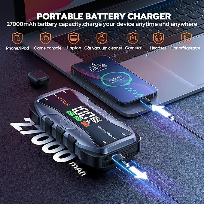 UTRAI 8000A Portable Car Jump Starter, 12V Battery Jumper for All Gas & 12L Diesel Engines, 27000mAh Jump Box with 65W USB-C Fast Charging, 2 USB & DC Output Jump Pack, 600LM LED Flashlight