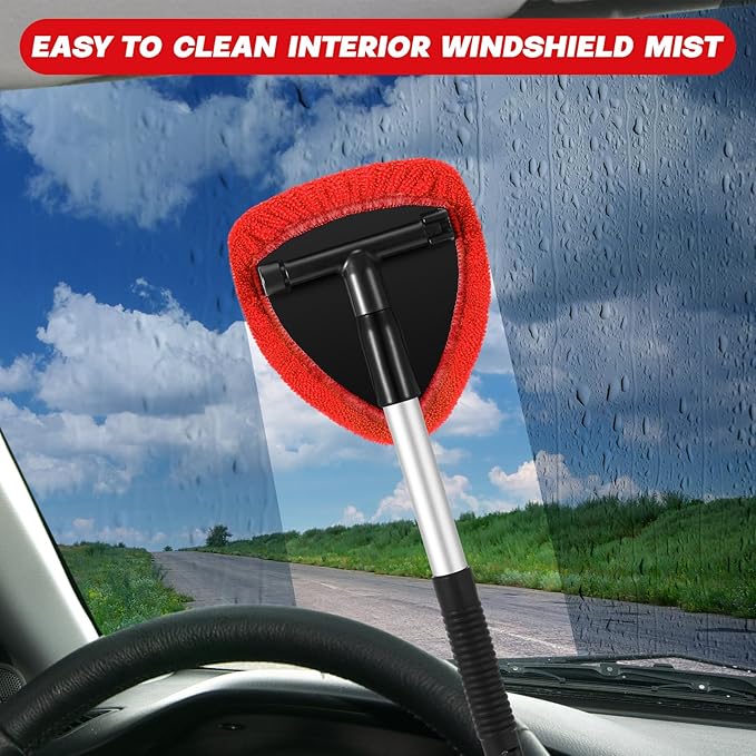 Baderke 10 Pcs Windshield Cleaner Tool Car Window Cleaning Supplies with Extendable Handle Include 6 Washable Microfiber Bonnets 2 Empty 60ml Spray Bottle Glass Wiper Kit(Red)