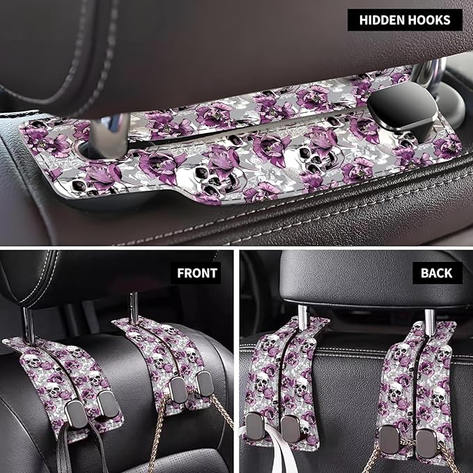 Car Seat Back Storage Headrest Hook, Premium Leather Double Metal Hook, Hanger Storage Organizer for Purse Cloth Bag, Car Interior Accessories Funny Skull Flower