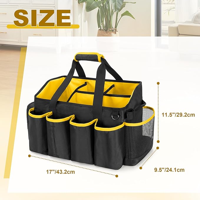 Extra-Large Cleaning Caddy Organizer with Handle, Cleaning Supplies Tote Bag Built-in Support Boards, Cleaning Tool Organizer for Cleaners, Housekeepers, Kitchen Cleaning Supplies