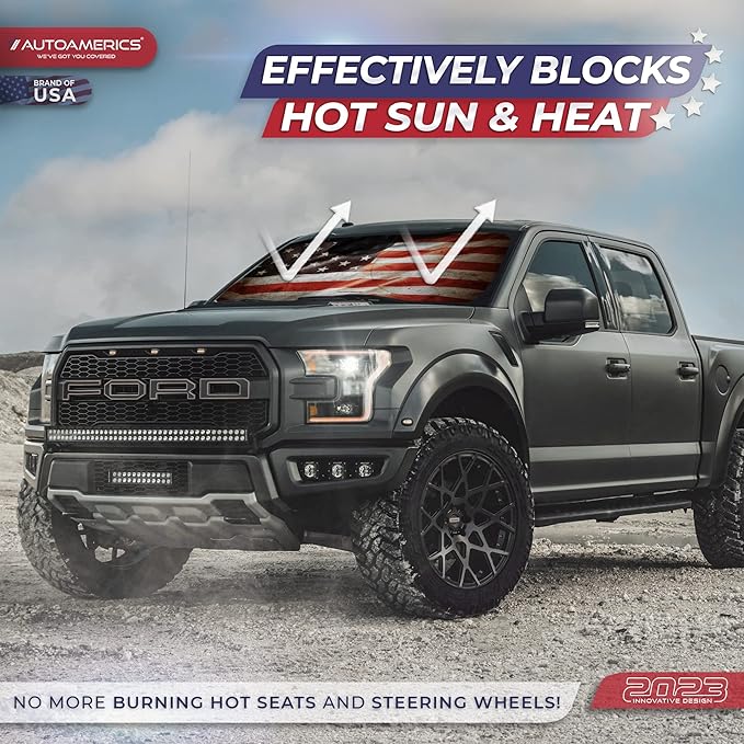 Autoamerics 1-Piece Windshield Sun Shade Grunge American Flag - 1 USA Design - Foldable Car Front Window Sunshade for Most Sedans SUV Truck - Blocks Max UV Rays and Keeps Your Vehicle Cool - Large