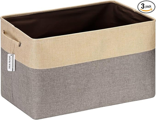 Sea Team 3-Pack Extra Large Storage Basket Set, Trunk Organizer, Clothes Toys Bin, 22 x 15 x 13 Inches, Rectangular Canvas Fabric Collapsible Shelf Box with Handles for Kids Room (Grey/Beige)
