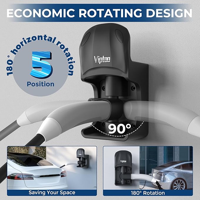 VIPTOO Tesla Charger Wall Mount Holder, Charging Cable Organizer with 180° Rotation for Model 3/Y/S/X, Unique Sports Car Design