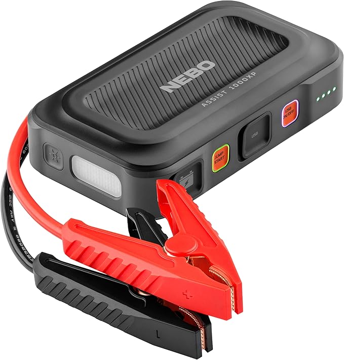 NEBO Assist 1000XP Portable Car Battery Jump Starter | 24.4Wh Power Supply Jump Box Restarts 12V Cars & ATVs, 25 Battery Boosts from 1 Charge, Integrated Emergency Floodlight, USB Ports, TSA Approved