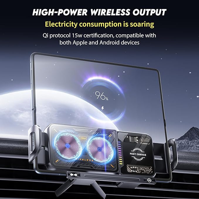 15W Fast Wireless Car Charger Mount, MagSafe Compatible Auto-Clamping & Auto 90° Rotating Phone Holder with Built-in Battery, One-Touch Control, RGB LED Light, Dashboard & Vent Mount