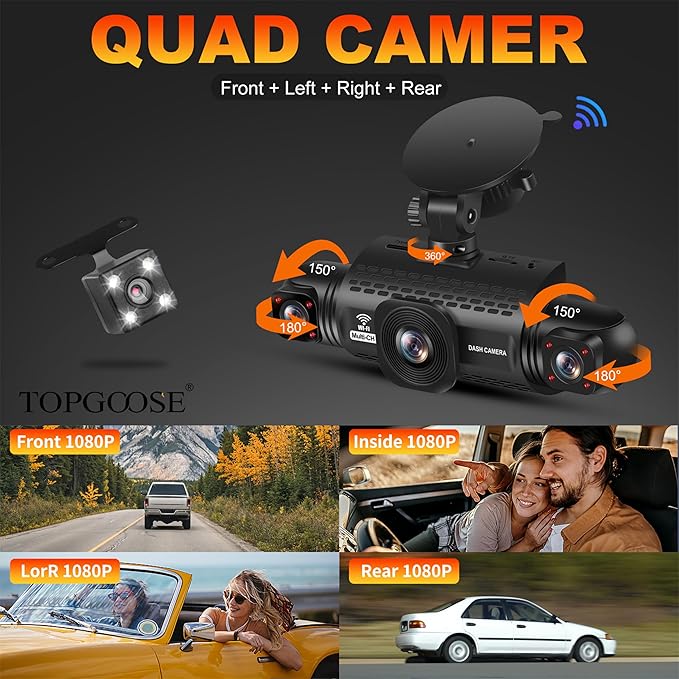 4 Channel Dash Cam 360° View, TOPGOOSE 2K Front and Rear Inside, Left Right Dash Camera for Cars, 8 IR Lamps Night Vision, 5G WiFi & APP Control, G-Sensor, Parking Mode, with a Free 64GB SD Card