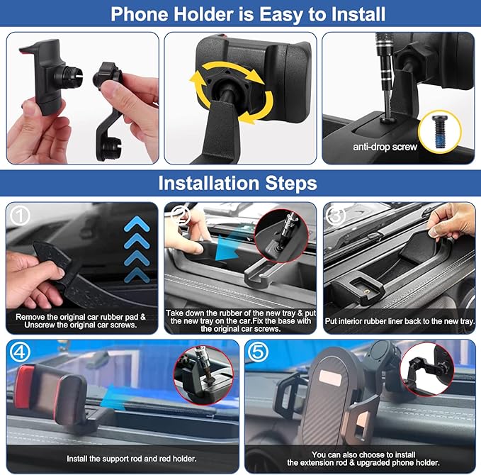 Upgraded Phone Mount for 2018 2019 2020 2021 2022 2023 Jeep Wrangler JL JLU & Gladiator JT, Multi-Mount Phone Holder Dash Tray System Kit with Extension Arm Metal Rod Don't for Oil-Electric 4xe