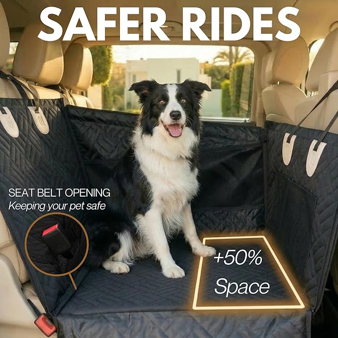 Dog Car Seat Cover with Hard Bottom – Back Seat Extender for Small & Medium Dogs, Waterproof & Non-Slip Hammock, Reinforced & Stable Design with Storage Pockets for Cars, SUVs & Trucks (Black)