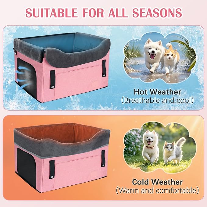 PetsHome Dog Car Seat for Small Dogs, Detachable Washable Pet Booster Seat with Storage Pocket, Breathable Mesh, Safety Leash, Adjustable Straps for Small Pets Up to 25lbs-Pink