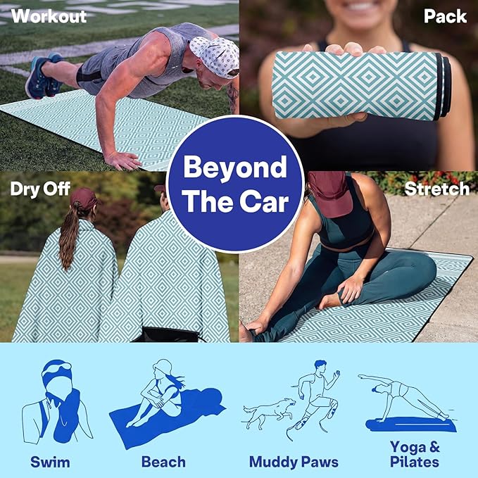 2 Pack Car Seat Towel Covers, Sweat Protector for Front Seats, Premium Thickened Microfiber with Boho Geometric, Breathable & Quick Dry, Slip-on Headrest Pocket for Gym, Beach, Running (Light Blue)