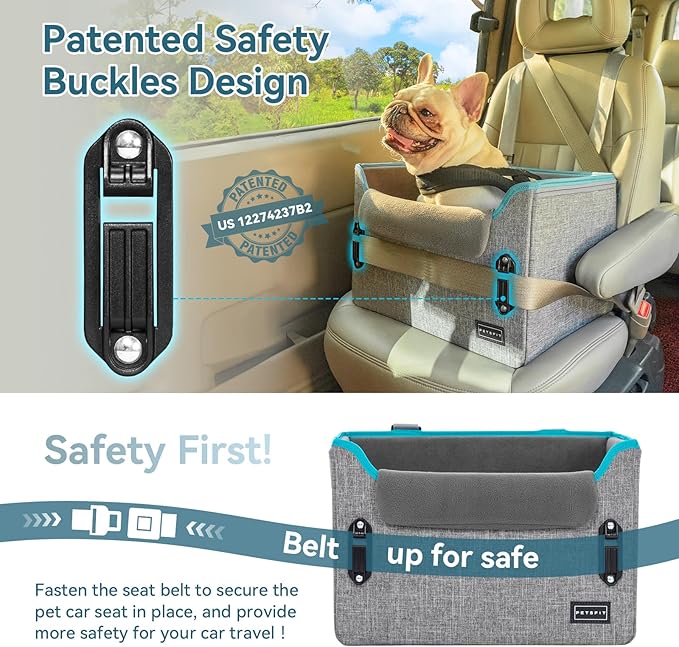 PETSFIT Dog Car Seats for Small Dogs – Patented Safety Buckles – Safety Tether – Foldable Travel Dog Booster Car Seat Reduces Anxiety & Road Trips – Stable Frame, Soft Cushion, Fits Front/Back Seat