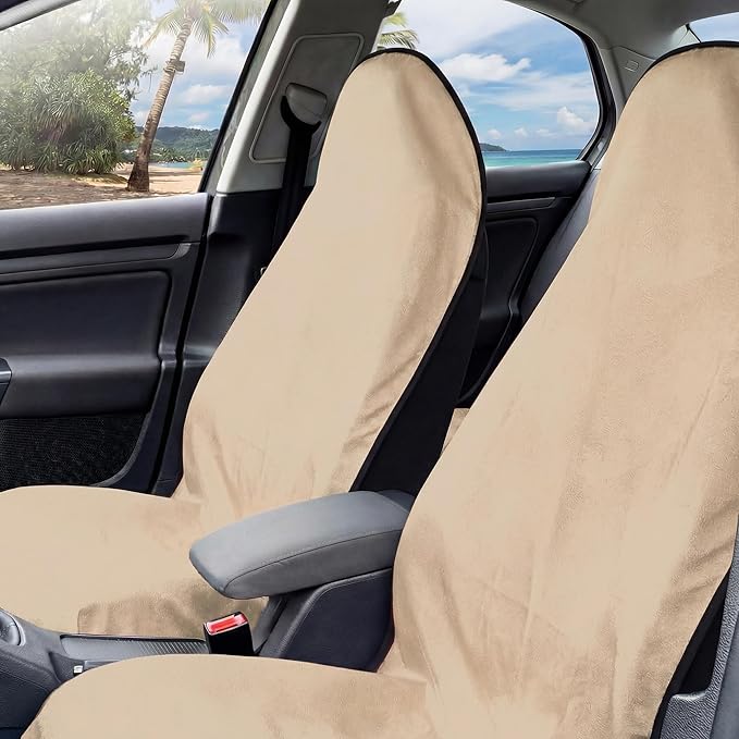 2 Pack Car Seat Towel Covers, Sweat Protector for Front Seats, Premium Thickened Microfiber with Elastic Strap, Breathable & Quick Dry, Machine Washable Cover for Gym Running Beach Universal Fit Beige