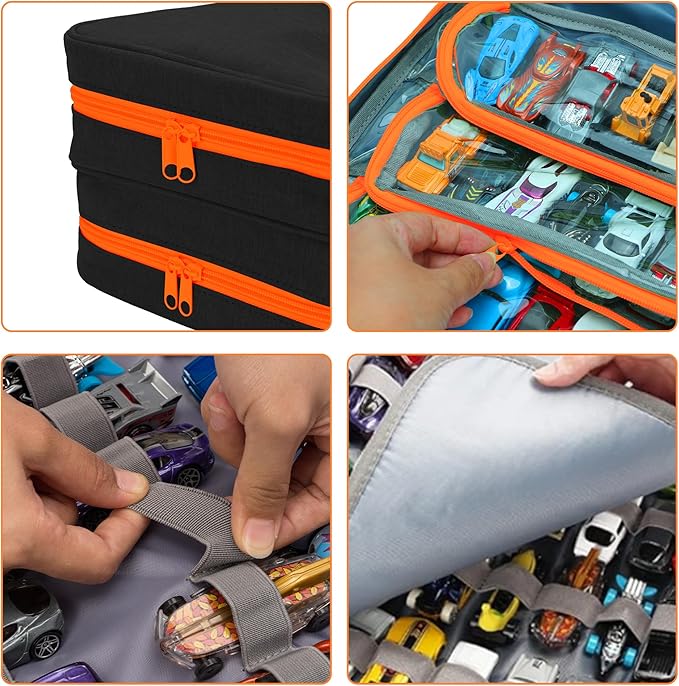 KISLANE Toy Car Storage Case with Elastic Bands and PVC Compartments - Holds 105 Diecast Cars, Matchbox Cars Storage Case, Portable Carrying case with Zipper Pockets (Black)