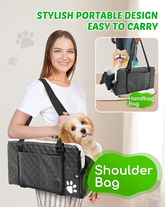 Center Console Dog Car Seat for Small Dogs, Soft Plush Car Bag for Dogs, Leather Portable Pet Cars Booster Seats, Convertible Handbag or Shoulder Bag with Cool Heat Pad, Support Pet Up to 12lbs