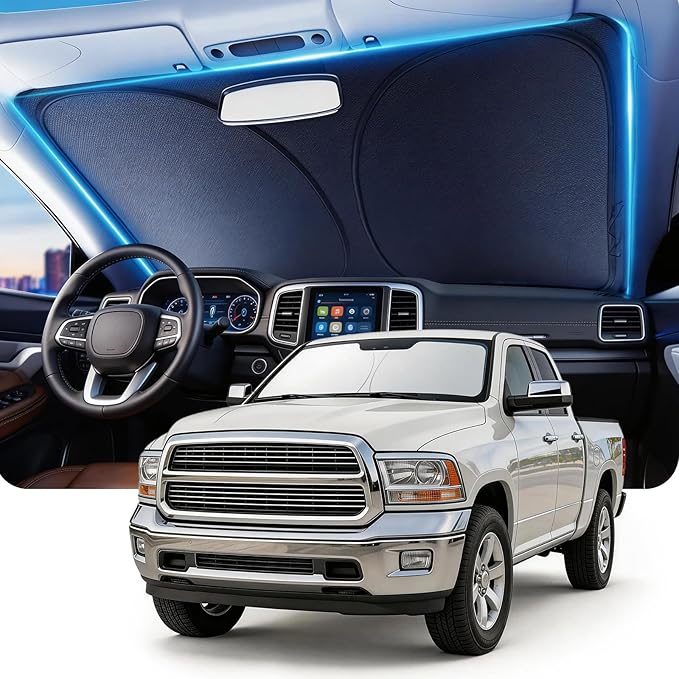 DMJN Front Windshield Sun Shade for Dodge RAM (2019-2026), [Nano Ice-Crystal Coatings] UPF50+ Heat & UV Block, Protect Car Interior & Keep Cool, Flodable Steel-Ring Car Cover for Summer