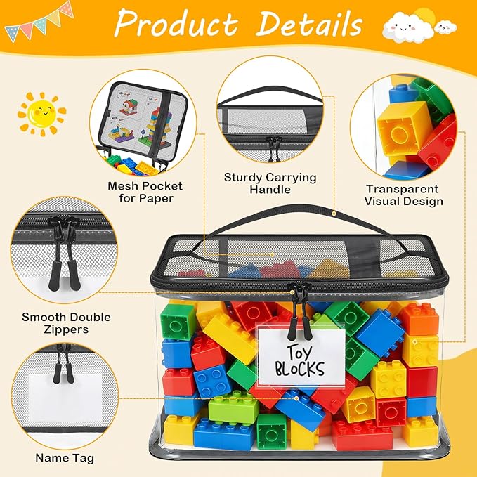 6 Pack Large Toy Storage Bags, Clear Toy Organizer with Labels, Waterproof PVC Toy Organization and Storage for Building Blocks, Puzzles, Dolls and Board Games, for Kids Ages 3+