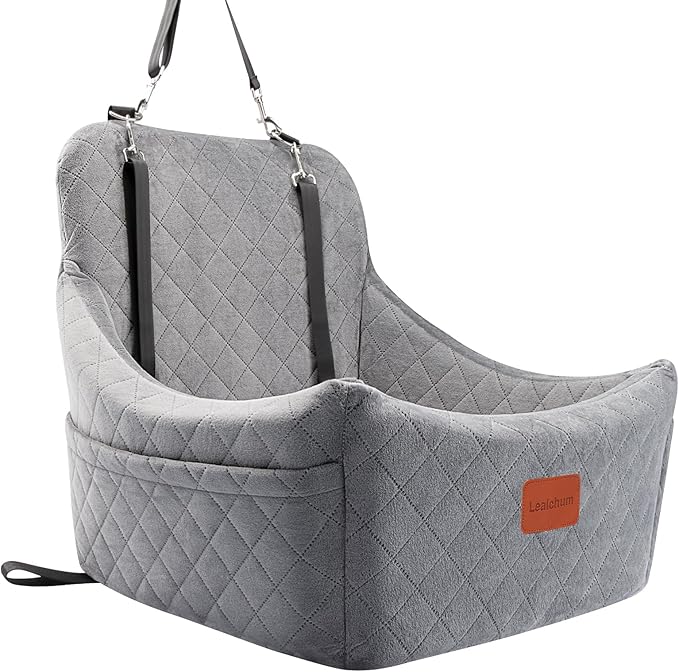 Lealchum Dog Car Seat for Medium Dogs Up to 40lbs,Fully Detachable and Washable,Easy to Install with Adjustable Straps,Anti-Slip Base Travel Car Bed for Pets,2 Side Pockets(Grey,Medium)
