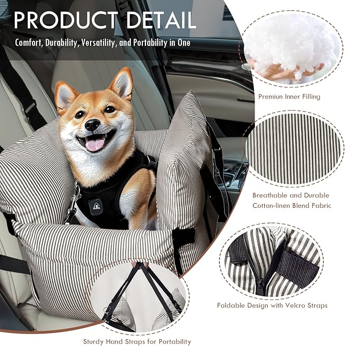 Dog Car Seats for Small/Medium Dogs Under 40 lbs - Elevated Pet Seat with Safety Belt, Non-Slip Base, and Storage Pockets for Car Travel,Brown
