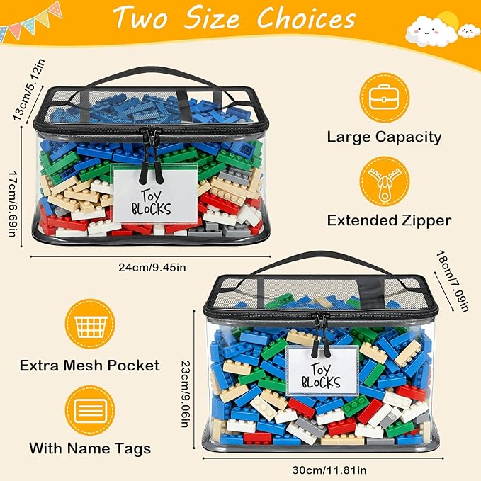 6 Pack Large Toy Storage Bags, Clear Toy Organizer with Labels, Waterproof PVC Toy Organization and Storage for Building Blocks, Puzzles, Dolls and Board Games, Mixed Pack for Kids Ages 3+