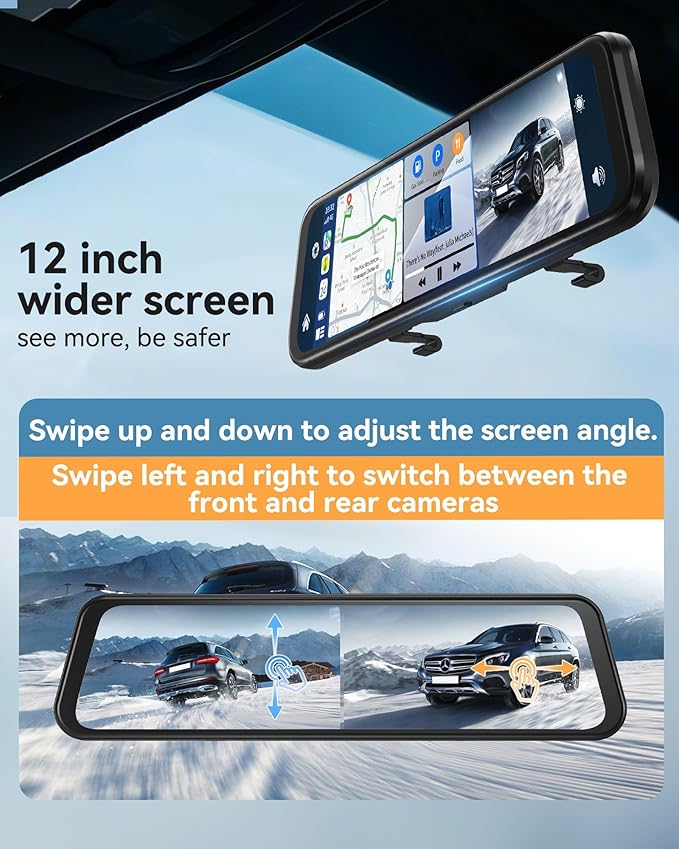 4K Rear View Mirror Camera with Carplay&Android Auto,12" Mirror Dash Cam Front and Rear with Voice Control for Cars&Trucks,Smart Touch Screen,64GB Card Included/Loop Record/Reverse Assist