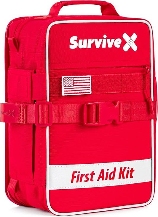 SurviveX Large First Aid Kit for Car, Travel & Home - Emergency Kit for Hiking, Camping, Backpacking and Outdoors - Includes Zip Stitch Wound Closure Strips