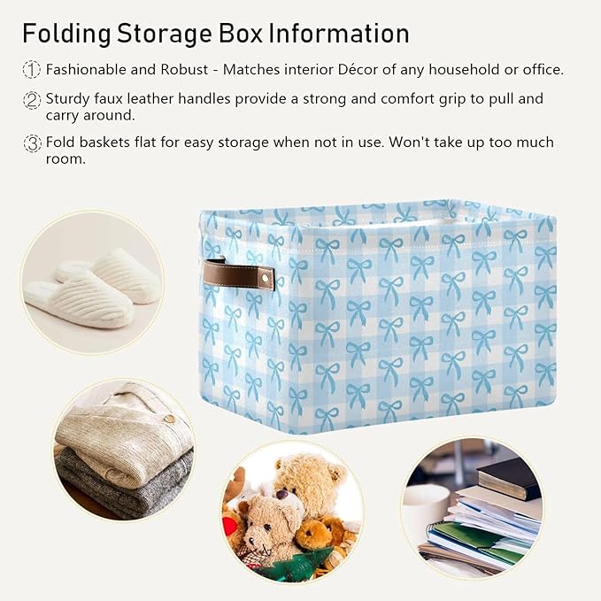 Wamika Bow Blue Storage Basket with Waterproof Liner and PU Handles Bowknot Cute White Storage Bins Boxes 14.2" Collapsible Decorative Organizer Baskets for Bedroom Closet Office 1 Pack