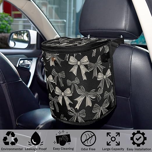 Car Trash Can Black White Bow Car Garbage Bag with Lid Hanging Waterproof Leak Proof Vehicle Storage Bin