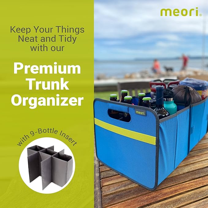 meori Collapsible Trunk Organizer for Car with Bottle Insert for Groceries Road Trips 2 Compartments Heavy Duty Mesh Pocket Ripstop