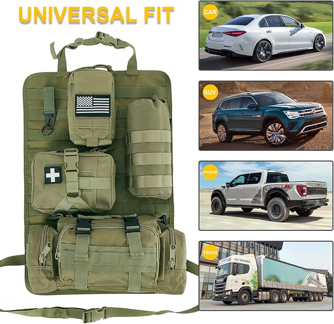 BXBXHD Universal Tactical Car Seat Back Organizer Bag - Molle Vehicle Organizers Panel with 4 Detachable Pouches (Military Green)