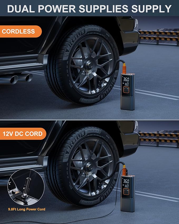 Tire Inflator Portable Air Compressor, 180 PSI Portable Air Compressor, 6X Faster Tire Inflator for Car, Air Pump for Car Tires, Motor, Bicycle, Balls and More-Dark Black