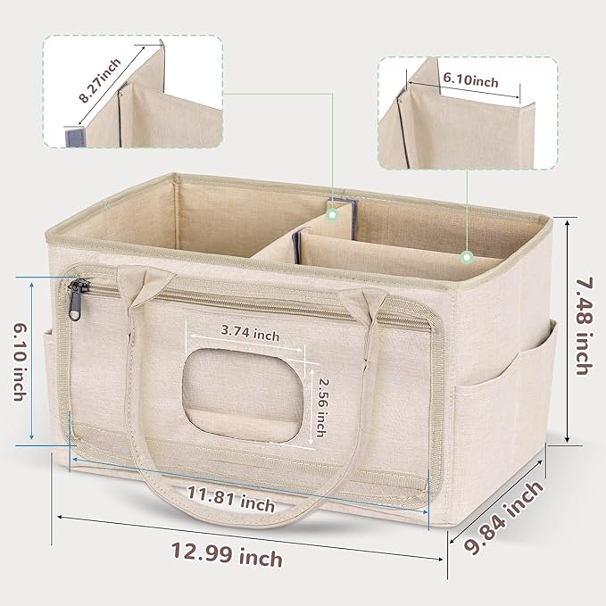 Diaper Caddy with Wipe Dispenser One-Handed Access, Premium Diaper Organizer, Portable Car Organizer Nursery Basket for Newborn Essentials, Baby Registry Must Haves for Boys & Girls, Beige