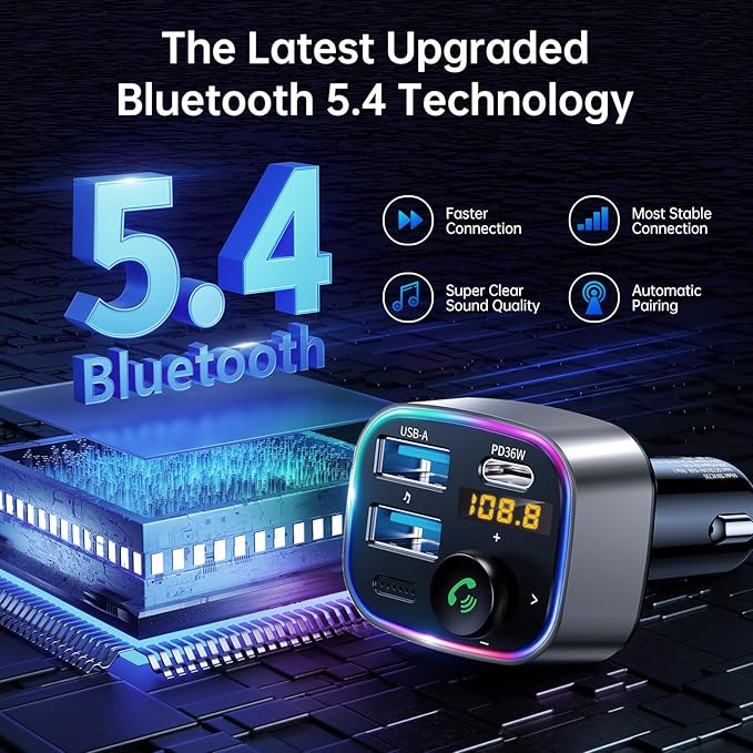 Syncwire Bluetooth 5.4 FM Transmitter Car Adapter 48W (PD 36W & 12W) [Light Switch] [Hi-Fi Deep Bass] [Fast Charge] Wireless Radio Music Adapter LED Display Hands-Free Calling Support USB Drive