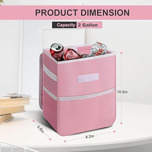 Simple Deluxe 2 Pack Car Trash Can, Multipurpose Bin with Lid and Storage Pockets, Collapsible Adjustable Straps and Portable Organizer, 2 Gallon, Pink