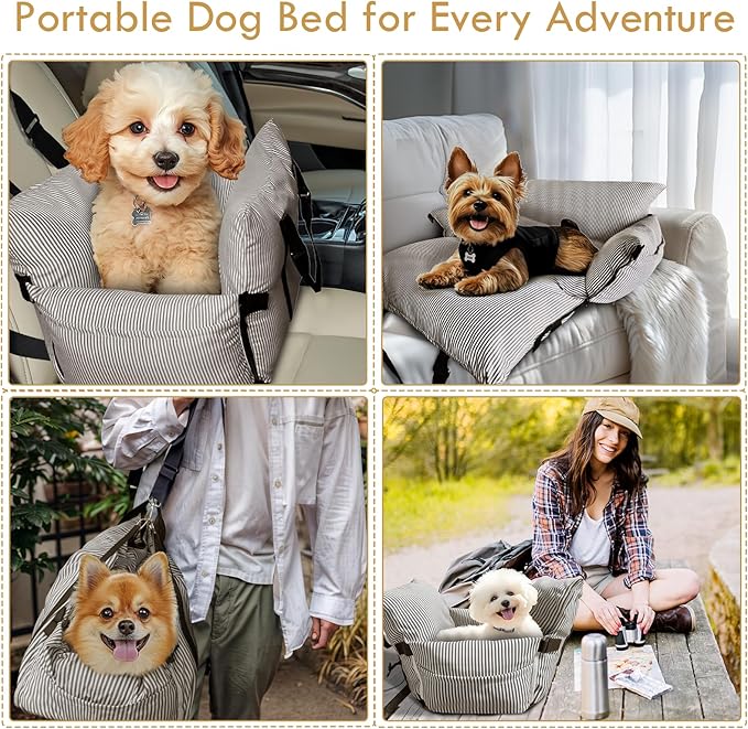 Dog Car Seats for Small Dogs, Puppy Car Seat Under 15 lbs, Small Dog Bed for Travel, Elevated Pet Seat with Safety Belt, Non-Slip Base, and Storage Pockets