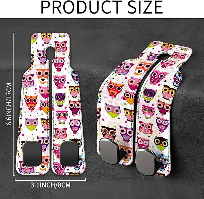 Car Seat Back Storage Headrest Hook, Premium Leather Double Metal Hook, Hanger Storage Organizer for Purse Cloth Bag, Car Interior Accessories Colorful Boho Owls