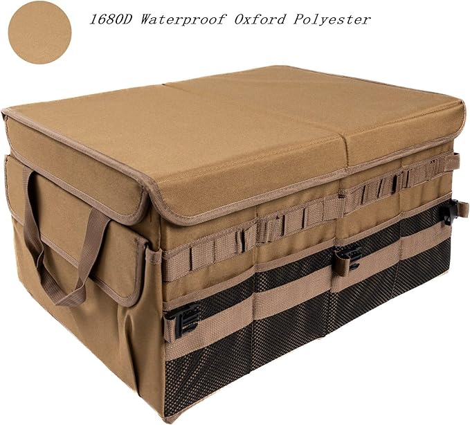 Trunk Organizer Wiith Lid For SUV Truck, Car Trunk Organizer, Truck Bed Organizer, Large, Brown, 4-Compartments With Handle