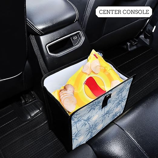 Car Trash Can Organizer Bin with Adjustable Strap for Back Front Seat Console Waterproof Leakproof Collapsible Portable 8.66 Inch Light Blue Palm Trees and Sun