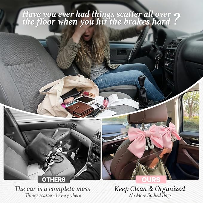 2PCS Satin Bow Pearl Car Seat Headrest Hooks – Car Bag Holder & Vehicle Hanger for Purses – Cute Coquette Aesthetic Interior Decoration – Cute Auto Organizer Accessories Universal for SUV, Truck(Pink)