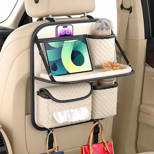 Leather Backseat Car Organizer with Tray & Cup Holder - Car Seat Organizer for Kids, Women, Road Trip Essentials for SUVs, Trucks and Cars (Beige)